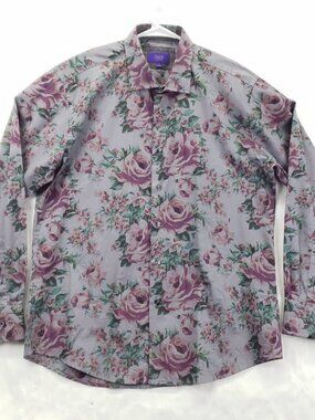 Tallia Shirt Mens Large 16.5 Purple Floral Long Sleeve 100% Cotton Button-Up